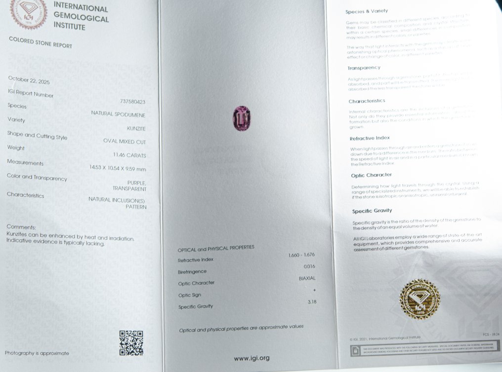 紫色 紫锂辉石 - 11.46 ct - 国际宝石研究院(IGI) #3.2
