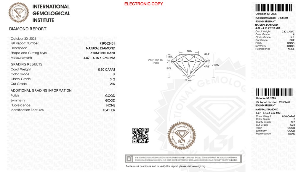没有保留价 - 1 pcs 钻石  (天然)  - 0.30 ct - 圆形 - F - SI2 微内含二级 - 国际宝石研究院（IGI） #4.3