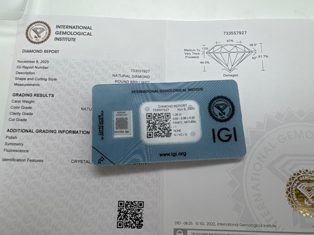 没有保留价 - 1 pcs 钻石  (天然色彩的)  - 1.26 ct - 圆形 - Fancy 黄色, 棕色 - I1 内含一级 - 国际宝石研究院（IGI） #2.1