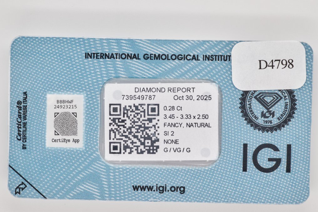 Fără preț de rezervă - 1 pcs Diamant (Natural) - 0.28 ct - Perniță - SI2 - IGI (Institutul gemologic internațional) #3.2