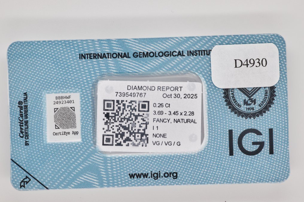 Fără preț de rezervă - 1 pcs Diamant (Natural) - 0.26 ct - Perniță - I1 - IGI (Institutul gemologic internațional) #3.2