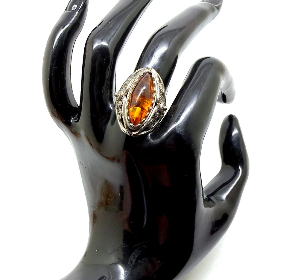 老式装饰艺术风格的戒指，配有天然波罗的海琥珀 - 琥珀 - Succinite #1.0