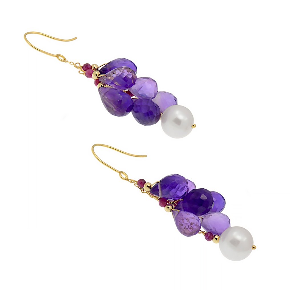 没有保留价 - 耳环 - 18K包金 黄金 珍珠 - 混合宝石 - Amethyst - Ruby #4.3
