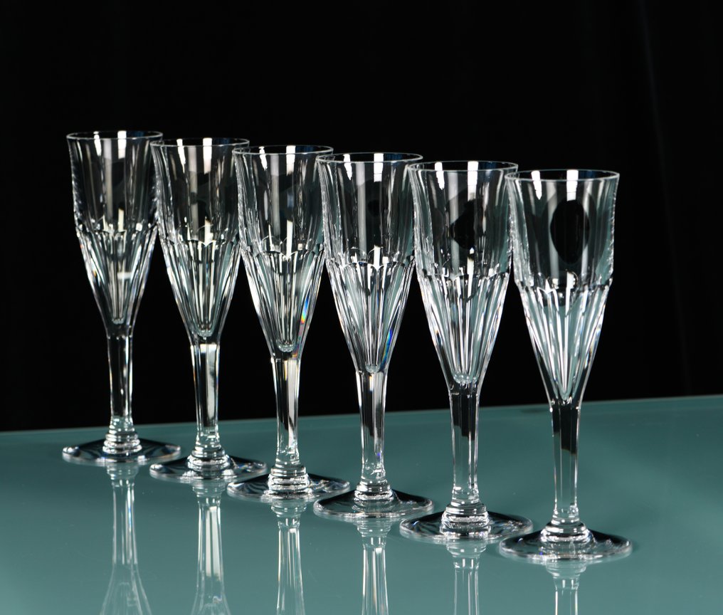 Prachtig zeldzaam lot van 6 antieke kristallen Val Saint Lambert champagneflûtes, model 'Prince - Eetservies - Kristal #1.0