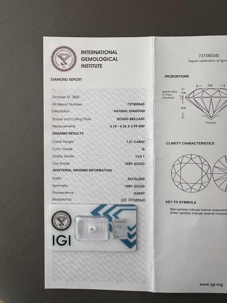 1 pcs 钻石  (天然)  - 1.01 ct - 圆形 - G - VVS1 极轻微内含一级 - 国际宝石研究院（IGI） - 免运费 #2.1