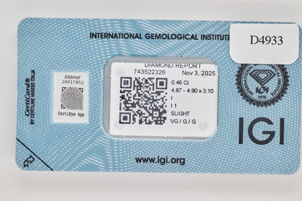 Fără preț de rezervă - 1 pcs Diamant (Natural) - 0.46 ct - Rotund - I - I1 - IGI (Institutul gemologic internațional) #3.2