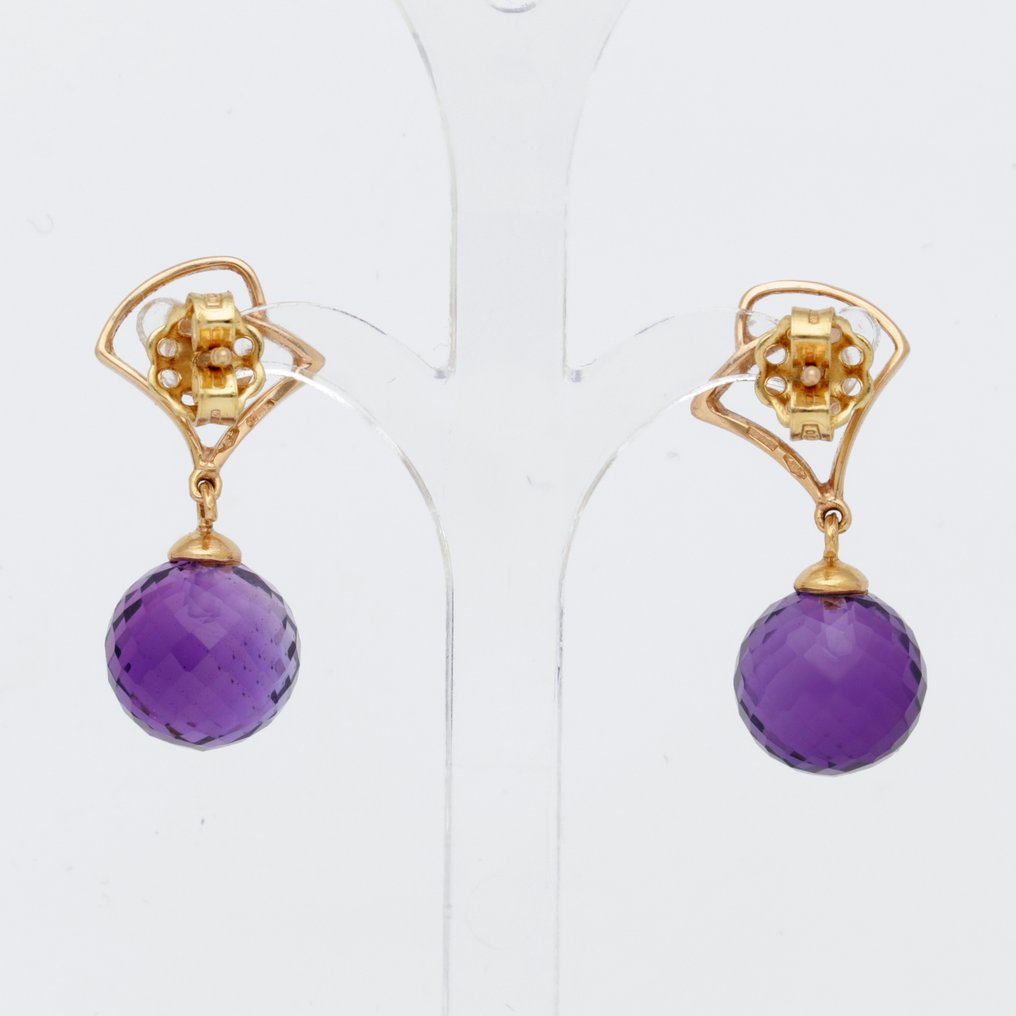 Drop fülbevaló - 18 kt. Sárga arany - Gyémánt - Ametiszt #3.2
