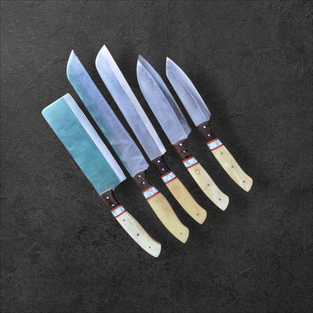 Custom Unknown - 厨刀 - Kitchen knife set - 钢, 骨, 皮革 - 未知 #1.0