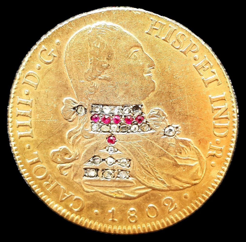Spanien. Carlos IV. 8 Escudos 1802 Potosi PP - Coin used as a brooch with precious stone inlays #1.0