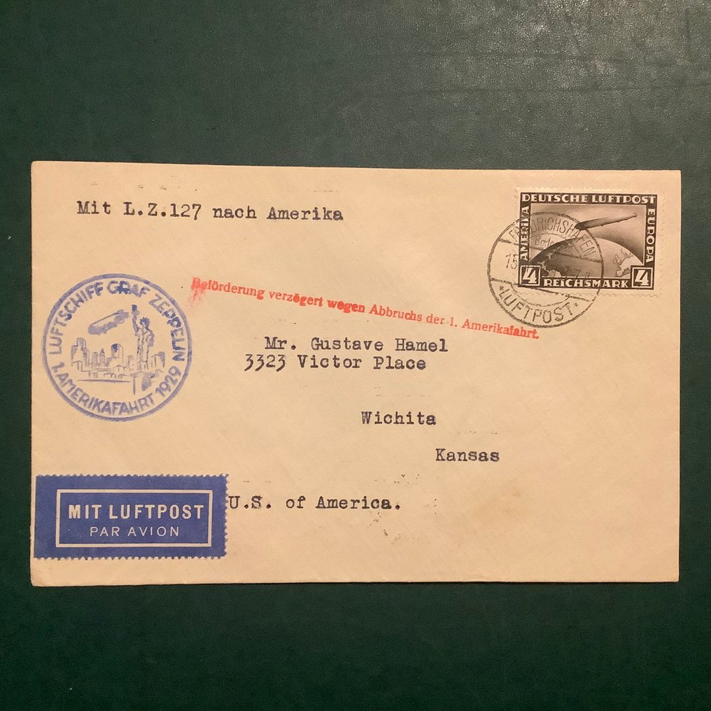 德意志帝国 1928/1931 - 齐柏林飞艇1、2和4的马克在飞艇信件上盖有中央印章。 - Michel 423/424 and 455 #3.2