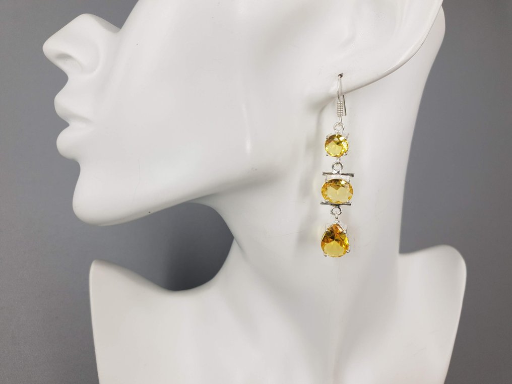 銀, 天然黄水晶纯银 / 免运费 - 耳環 #1.0