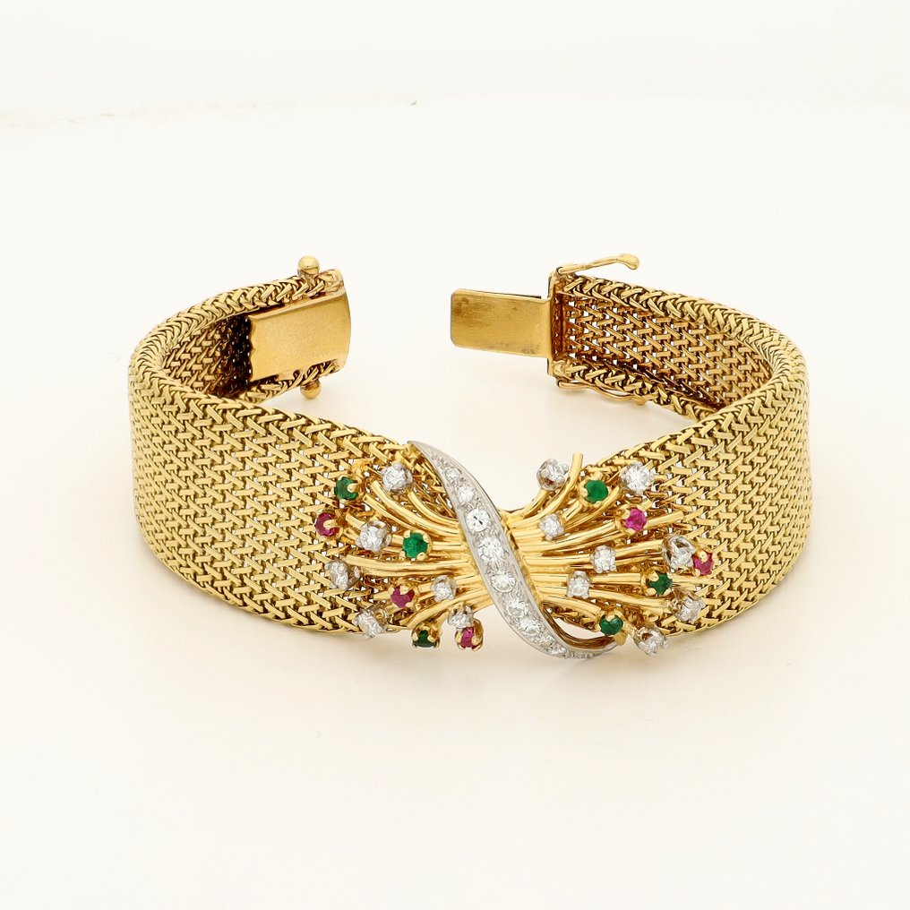 手镯 - 18K包金 黄金, 白金 钻石 (天然) - 红宝石,祖母绿 #1.0