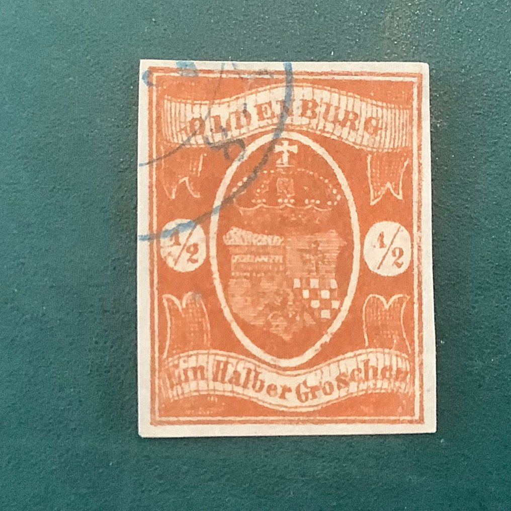 Oldenburg 1860 - 1/2 Groschen coin with coat of arms, good margins, and certified by Buhler. - Michel 11a #1.0