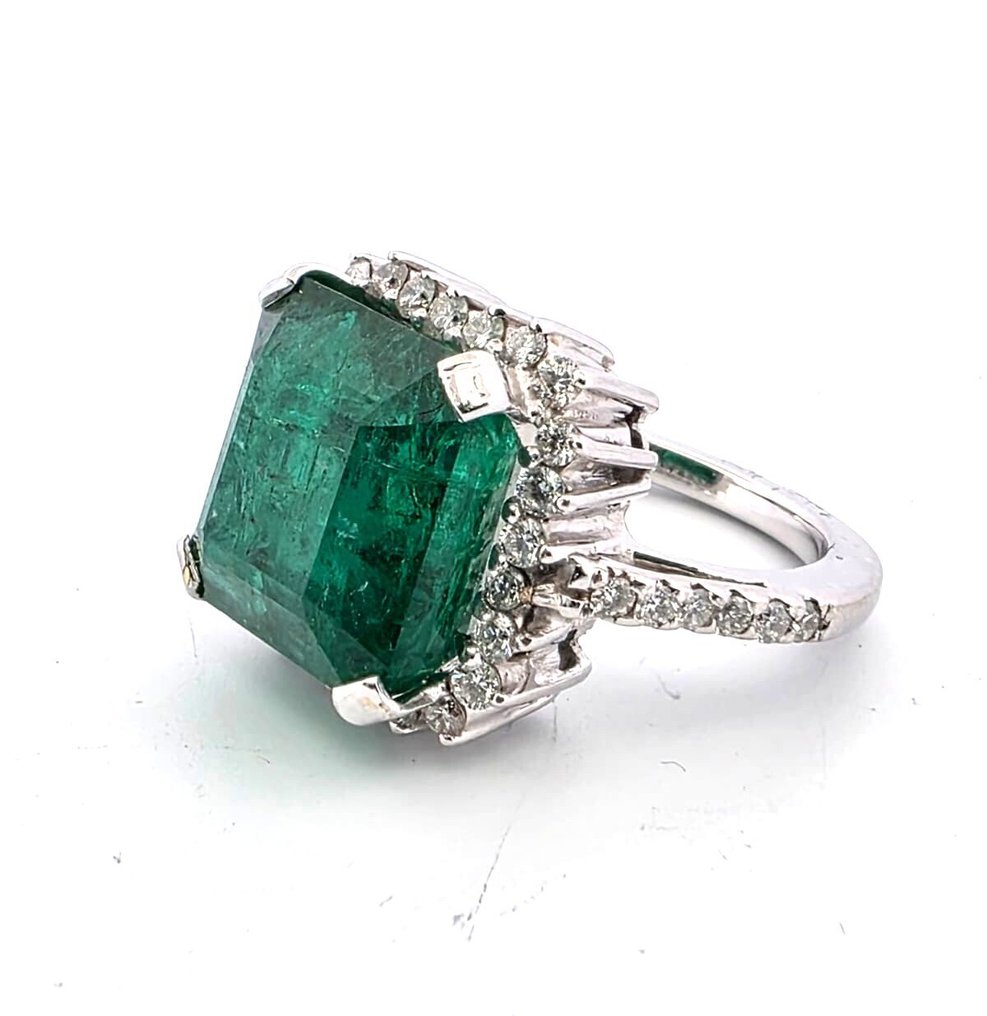 戒指 - 18 克拉 白金 祖母綠 - 鉆石 #1.0