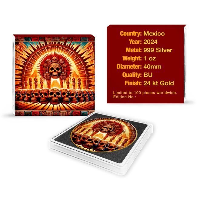 Μεξικό. 1 Onza 2024 1 oz Mexican Libertad Tzompantli 24k Gold Gilded Colorized Silver Coin #1.0