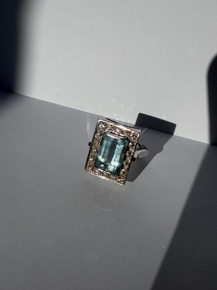 戒指 - 18 克拉 白金 - 9.45ct. tw. 海藍寶石 - 鉆石 #1.0