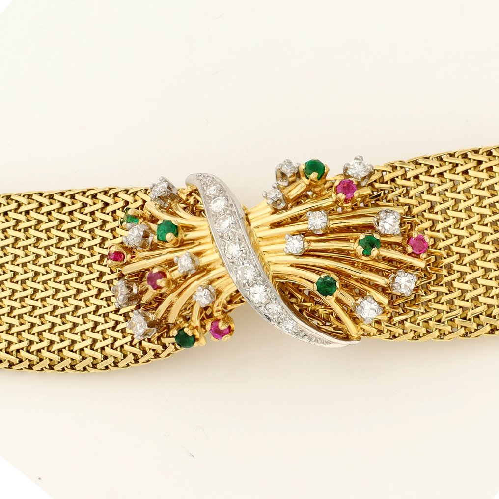 手镯 - 18K包金 黄金, 白金 钻石 (天然) - 红宝石,祖母绿 #4.3