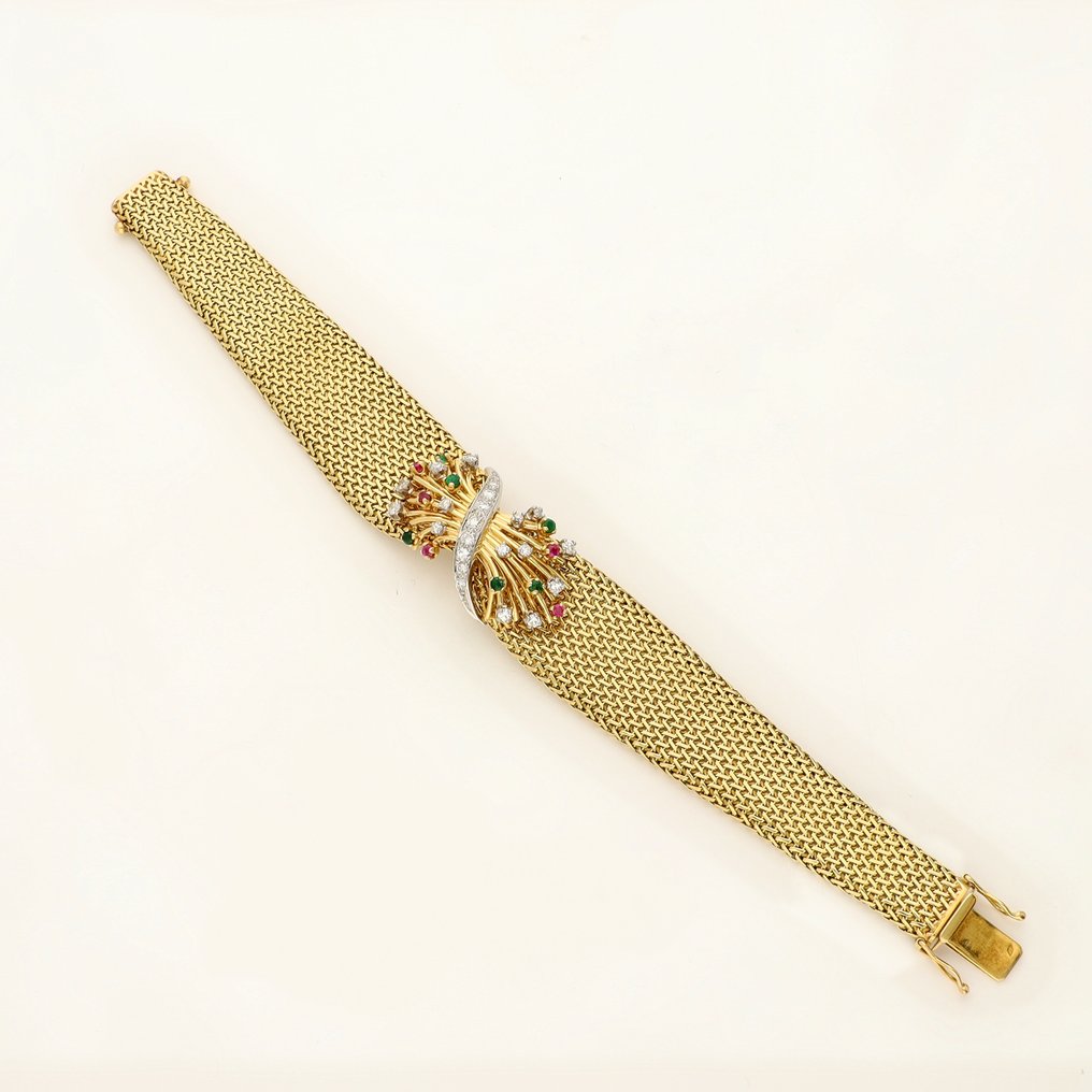 手镯 - 18K包金 黄金, 白金 钻石 (天然) - 红宝石,祖母绿 #3.2