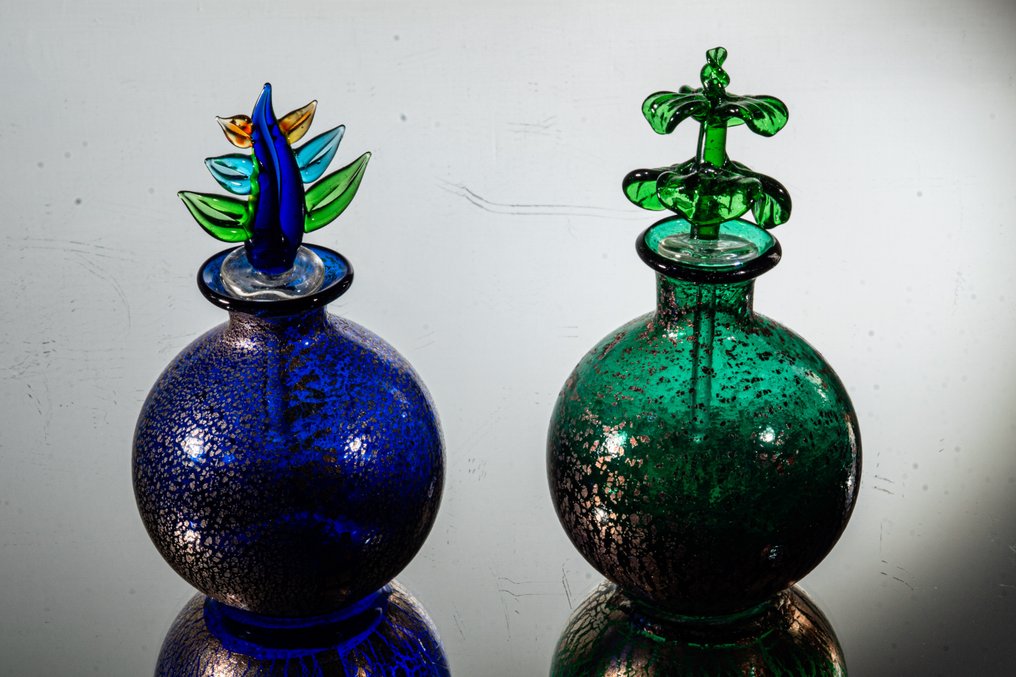 Murano - Jar (2) - Two bottles with aventurine - height 11 & 10.5 cm - Murano glass #1.0