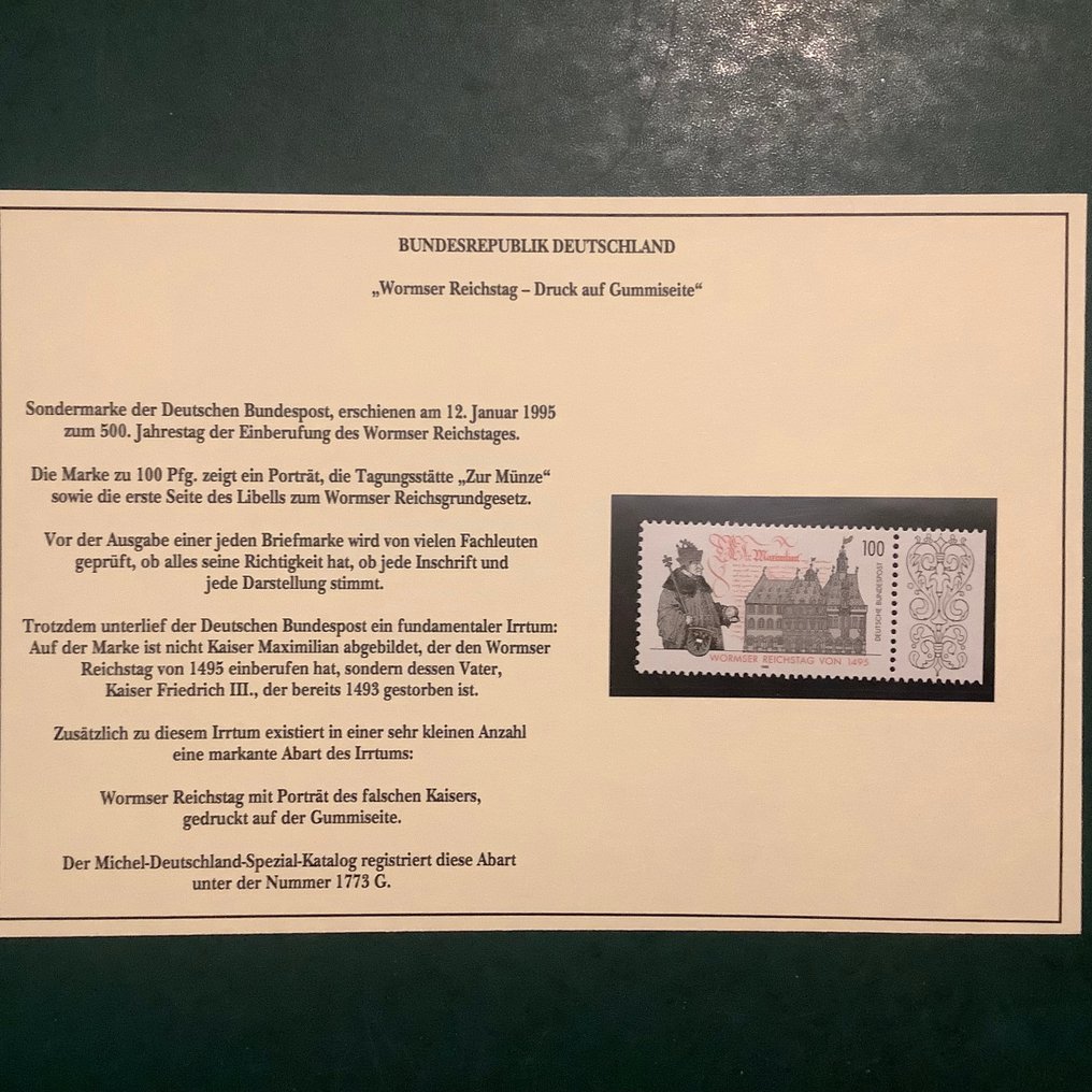 德国，联邦共和国 1995 - 沃默尔帝国议会，橡胶面受到压力。 - Michel 1773 G #1.0