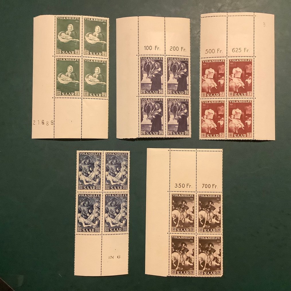 Saarland 1951 - Painting II in a block of four with a velvet border. - Michel 309/313 #1.0