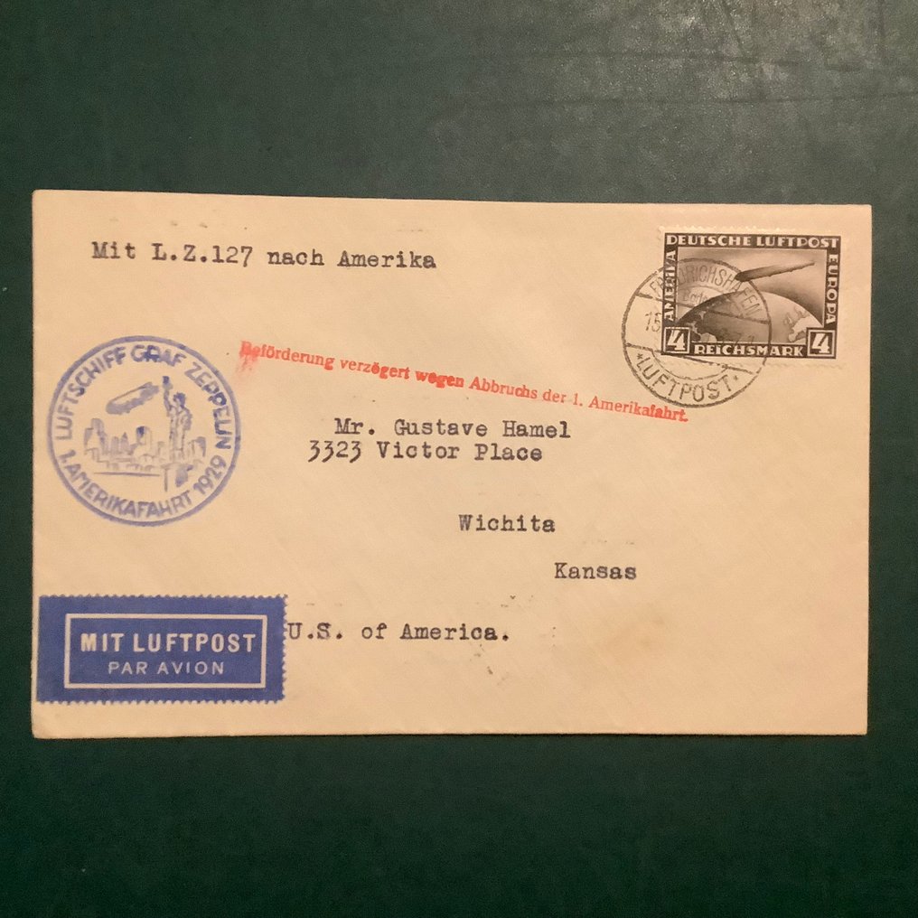 德意志帝国 1928/1931 - 齐柏林飞艇1、2和4的马克在飞艇信件上盖有中央印章。 - Michel 423/424 and 455 #2.1