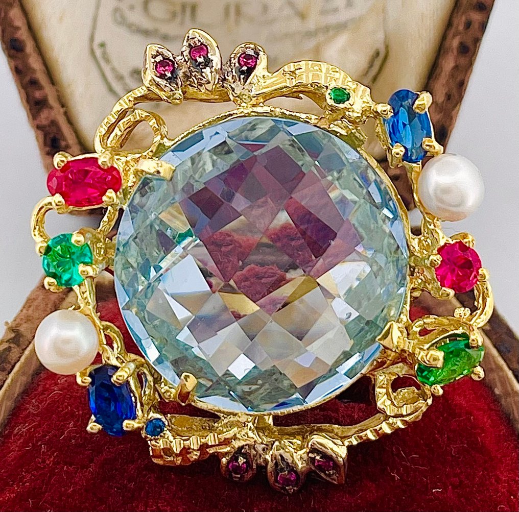 没有保留价 - 戒指 - 9 kt. 黄金, 银 海蓝宝石 - 蓝宝石 #1.0