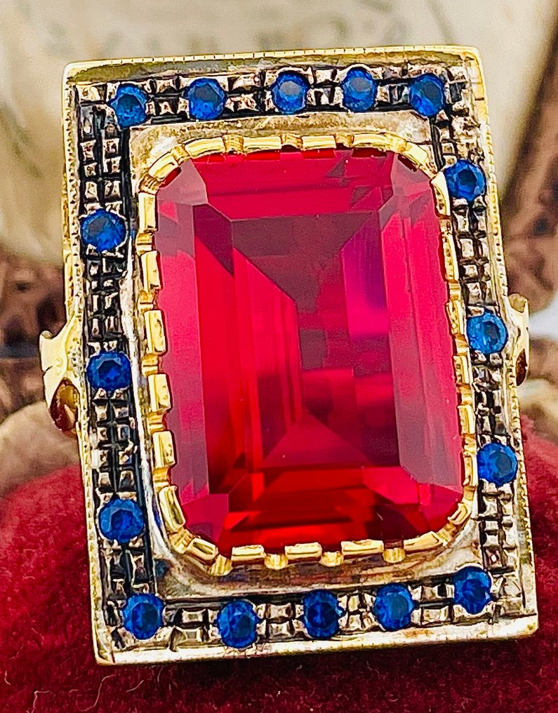 Sans prix de réserve - Bague - 9 carats Or jaune, Argent Rubis - Saphir #3.2