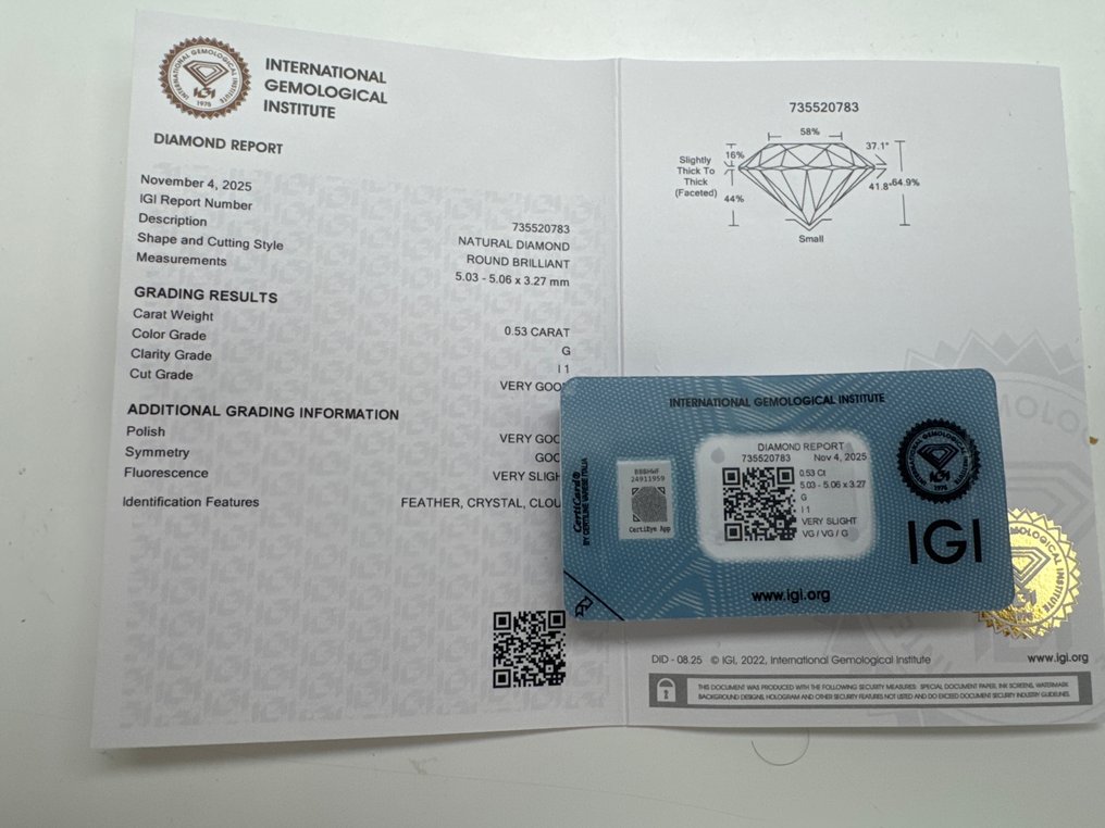 No Reserve Price - 1 pcs Diamond  (Natural)  - 0.53 ct - Round - G - I1 - International Gemological Institute (IGI) #2.1