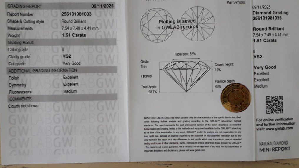 Utan reservationspris - 1 pcs Diamant (Natural) - 1.51 ct - Rund - I - VS2 - Gemewizard Gemological Laboratory (GWLab) #3.2