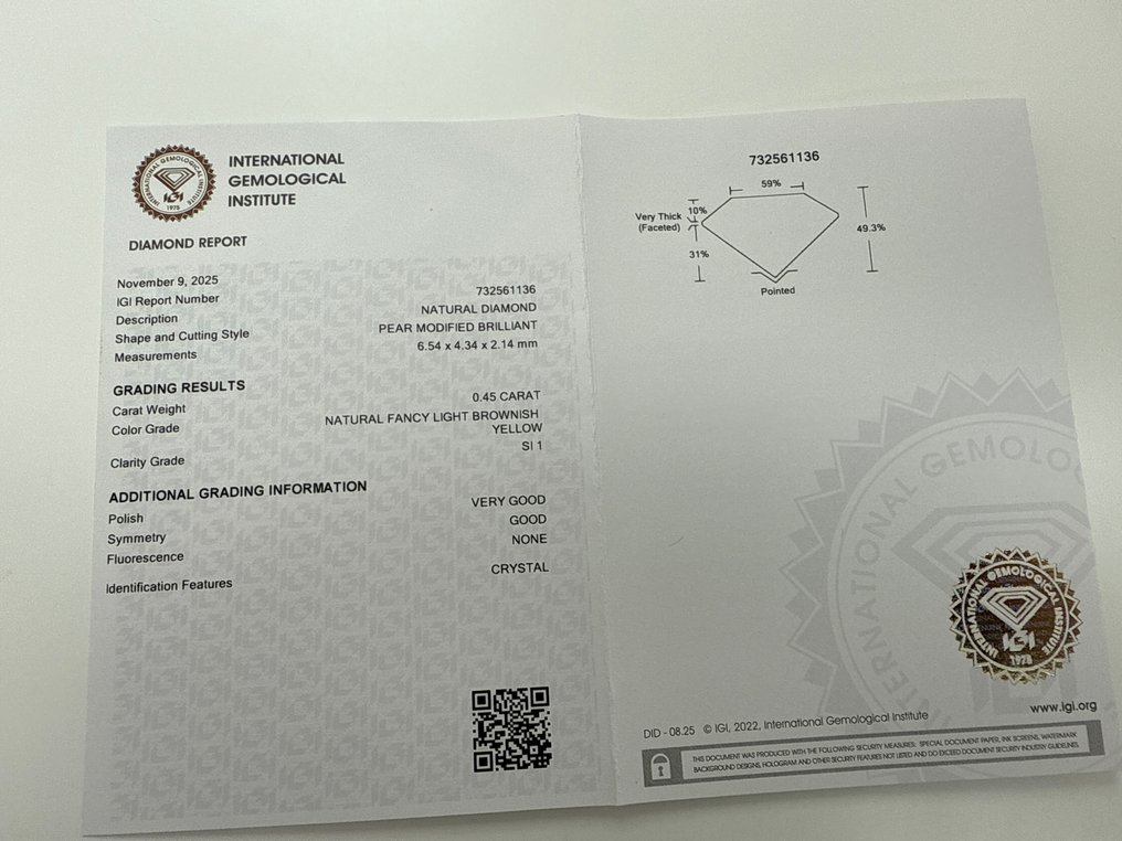No Reserve Price - 1 pcs Diamond (Natural coloured) - 0.45 ct - Pear - Fancy light Brownish, Yellow - SI1 - International Gemological Institute (IGI) #2.1