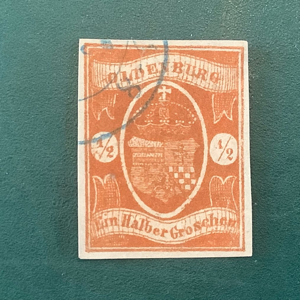 Oldenburg 1860 - 1/2 Groschen coin with coat of arms, good margins, and certified by Buhler. - Michel 11a #3.2