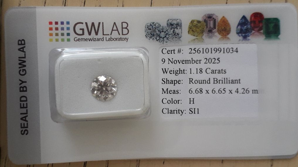 Zonder minimumprijs - 1 pcs Diamant  (Natuurlijk)  - 1.18 ct - Rond - H - SI1 - Gemewizard Gemological Laboratory (GWLab) #1.0