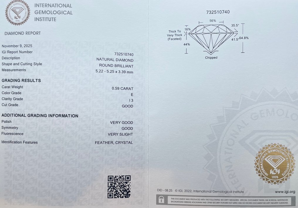 No Reserve Price - 1 pcs Diamond (Natural) - 0.59 ct - Round - E - I3 - International Gemological Institute (IGI) #2.1