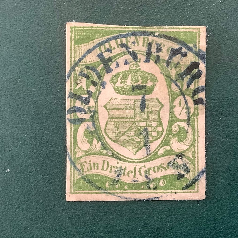 Όλντενμπουργκ 1861 - 1/3 Groschen, ασπίδα με έμβλημα σε αποχρώσεις του πράσινου με πολυτελή σφραγίδα και - Michel 10 b #4.3