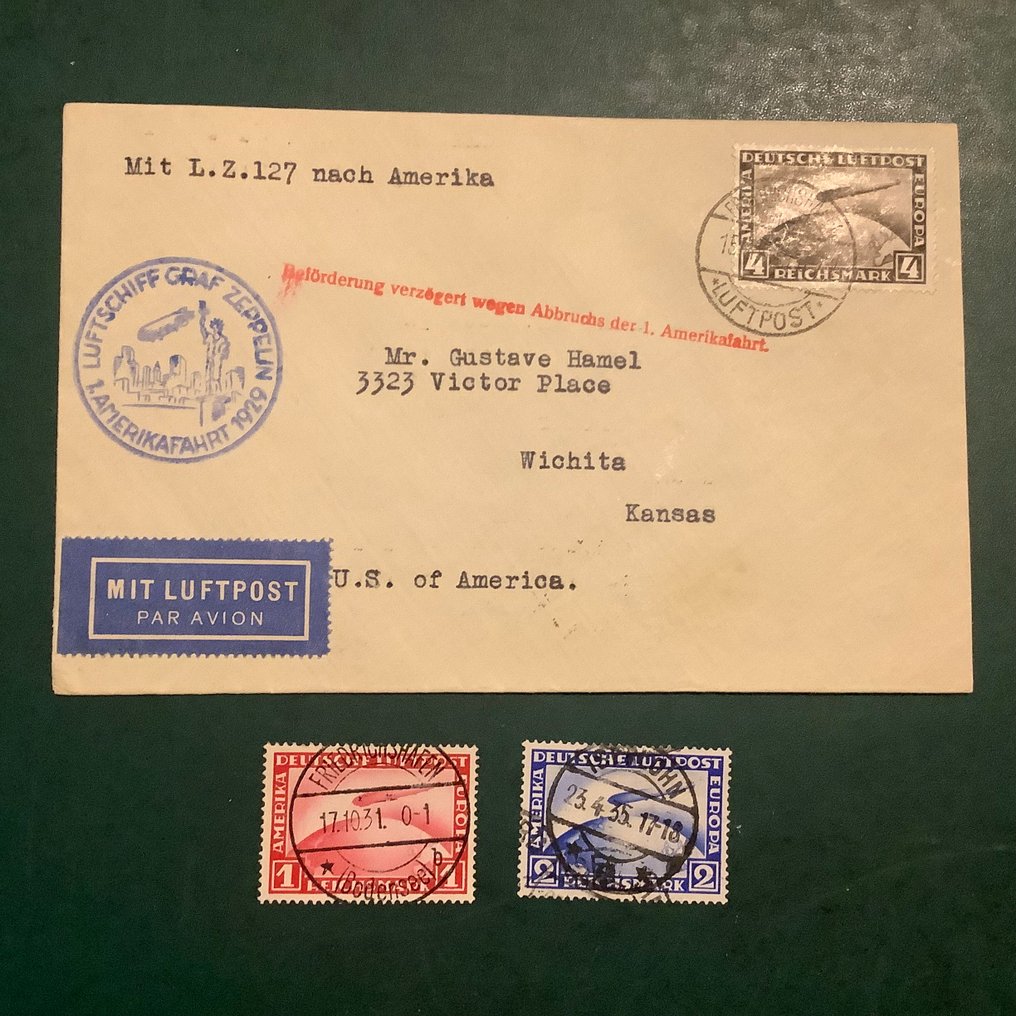 德意志帝国 1928/1931 - 齐柏林飞艇1、2和4的马克在飞艇信件上盖有中央印章。 - Michel 423/424 and 455 #1.0