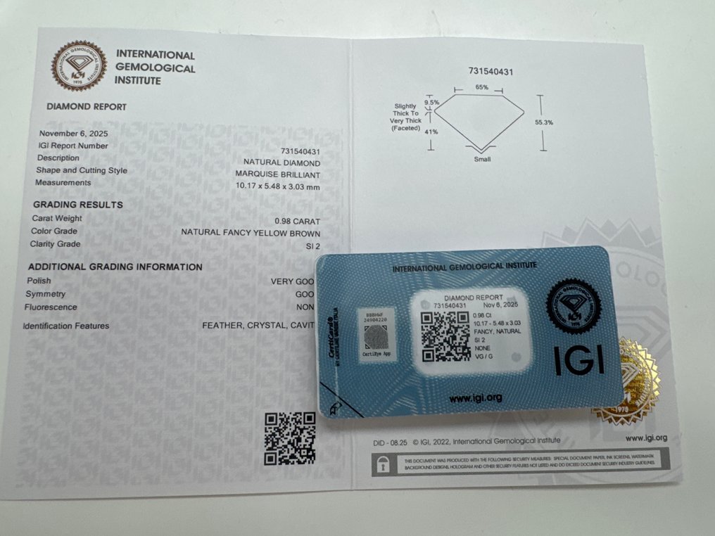 Zonder Minimumprijs - 1 pcs Diamant (Natuurlijk gekleurd) - 0.98 ct - Markies - Fancy Bruin, Geel - SI2 - International Gemological Institute (IGI) #3.2