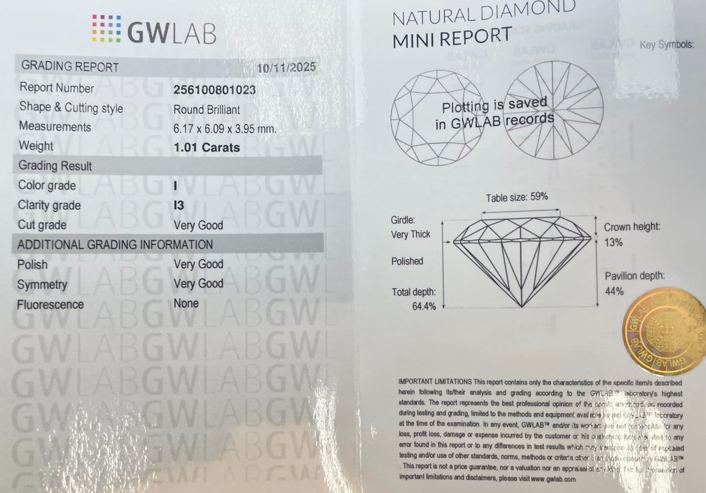 Ingen mindstepris - 1 pcs Diamant  (Natur)  - 1.01 ct - Rund - I - I3 - Gemewizard Gemological Laboratory (GWLab) #2.1