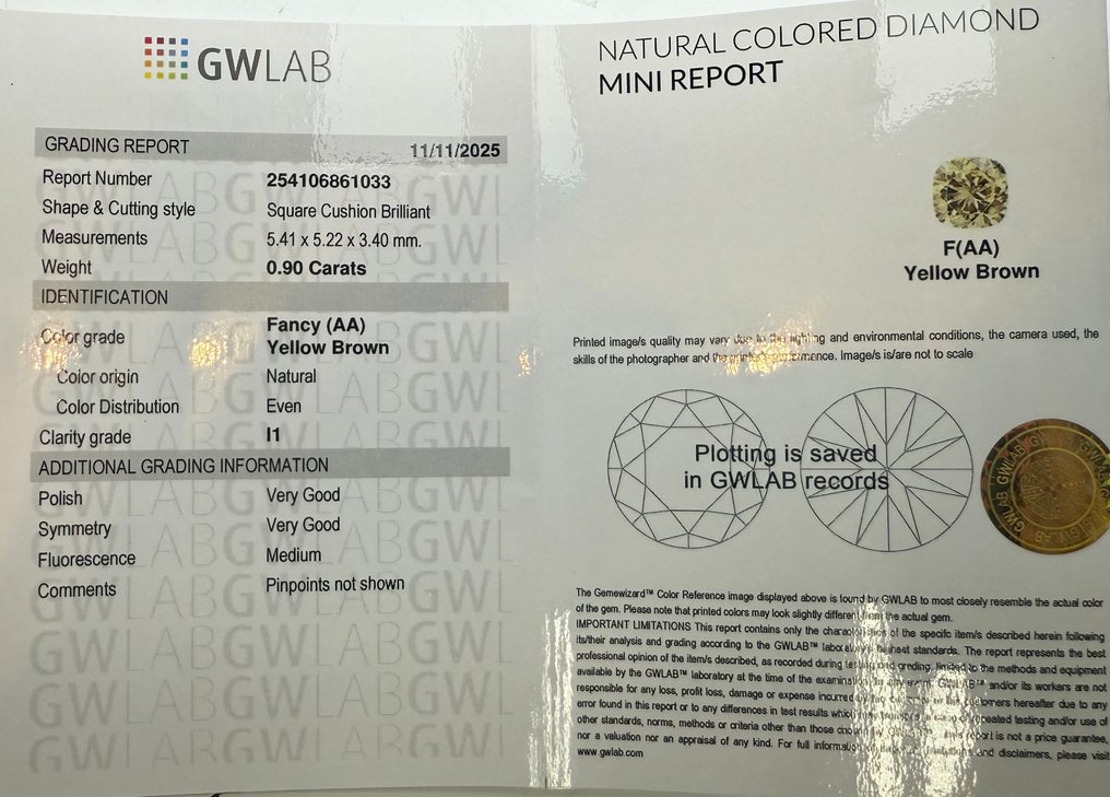 Senza prezzo di riserva - 1 pcs Diamante (Colorato naturale) - 0.90 ct - Cuscino - Fancy Giallo, Marrone - I1 - Gemewizard Gemological Laboratory (GWLab) #2.1