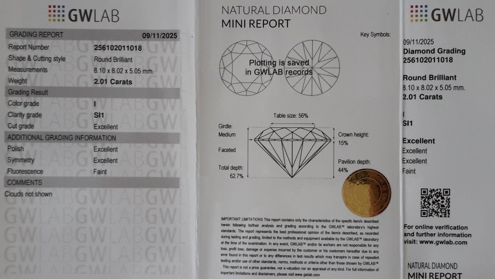 Fără preț de rezervă - 1 pcs Diamant (Natural) - 2.01 ct - Rotund - I - SI1 - GWLab (Laboratorul gemologic Gemewizard) #3.2