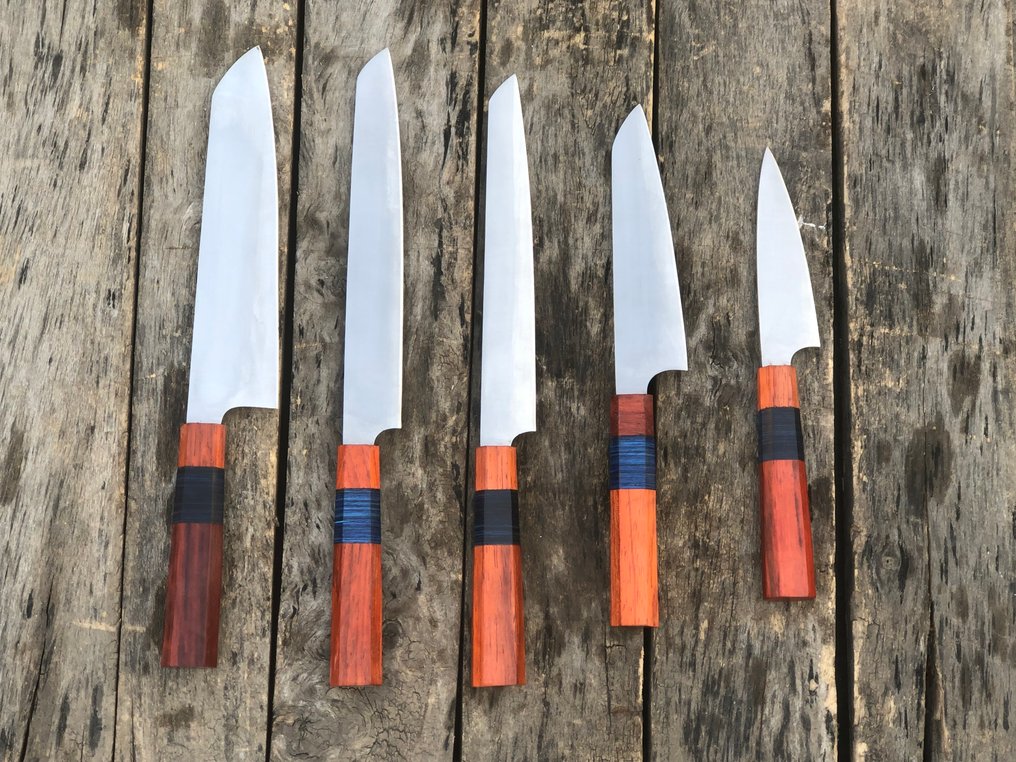 Coltello da cucina - Set di coltelli da chef da collezione fatti a mano (5) in acciaio speciale giapponese, manico in - Nord America - Leather Saya (Z3) #4.3