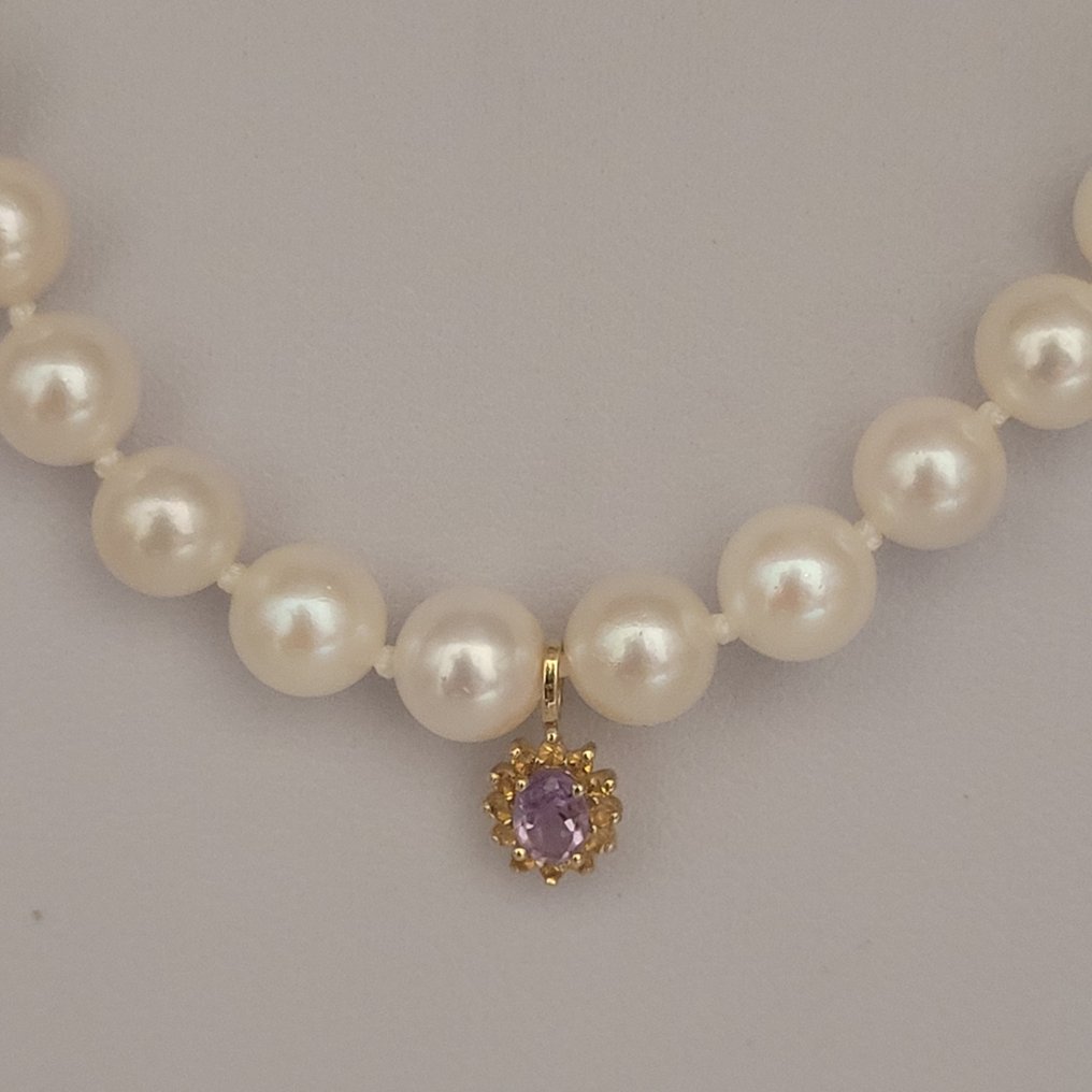 Sin precio de reserva - Collar con colgante - 18 quilates Oro amarillo Perla - Amatista - Akoya #1.0