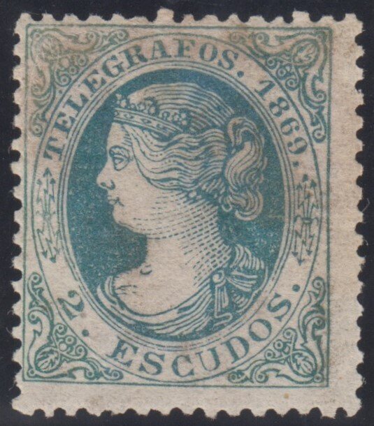 Espagne 1869 - Télégraphes. Isabel II. 2 écus, vert. - Edifil 29 #1.0