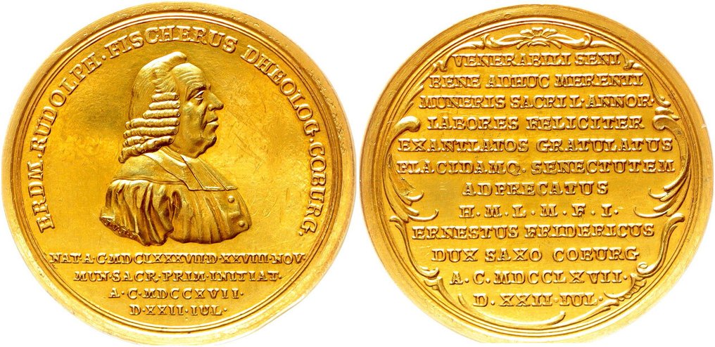 Sachsen-Coburg-Saalfeld Ernst Friedrich 1764-1800. Goldmedaille zu 12 Dukaten 1767 Stempel von Johann Veit Riesing. Auf den 80. Geburtstag und das 50jährige Priesterjubiläum des #3.2