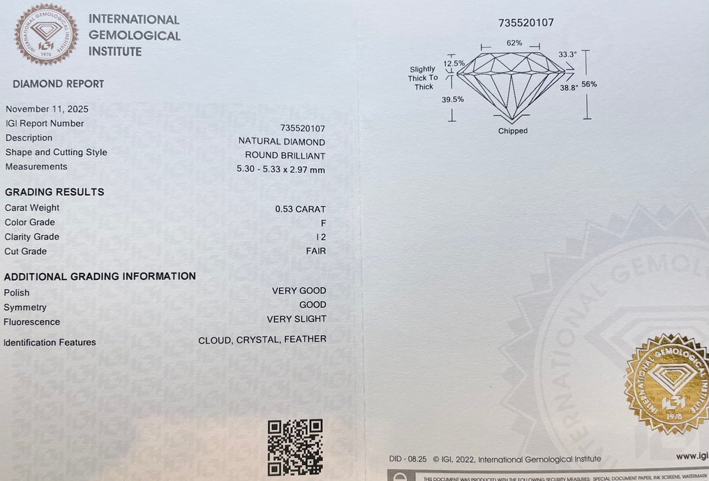 No reserve price - 1 pcs Diamond (Natural) - 0.53 ct - Round - F - I2 - International Gemological Institute (IGI) #2.1