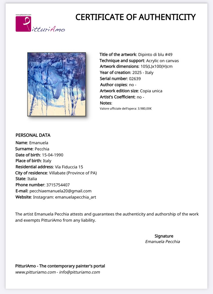 Emanuela Pecchia (1990) - XXXL- Dipinto di Blu #49 NO RESERVE #3.2