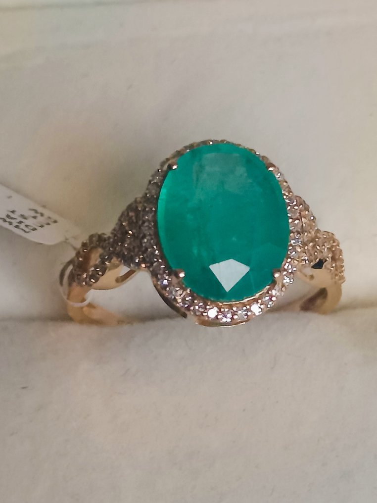 Bague tendance - 14 carats Or jaune - 3.86ct. tw. Émeraude - Diamant - Verde Intenso HRD ANTWERP #1.0