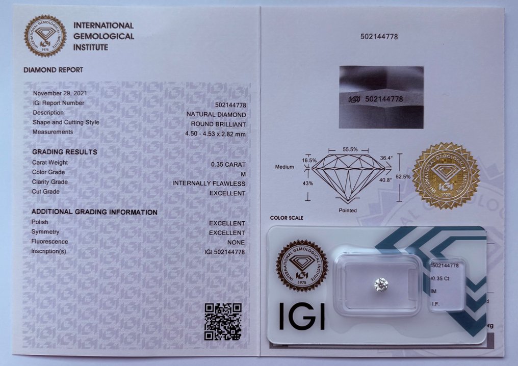 1 pcs Diamond  (Natural)  - 0.35 ct - Round - M - IF - International Gemological Institute (IGI) - Ex Ex Ex None #3.2