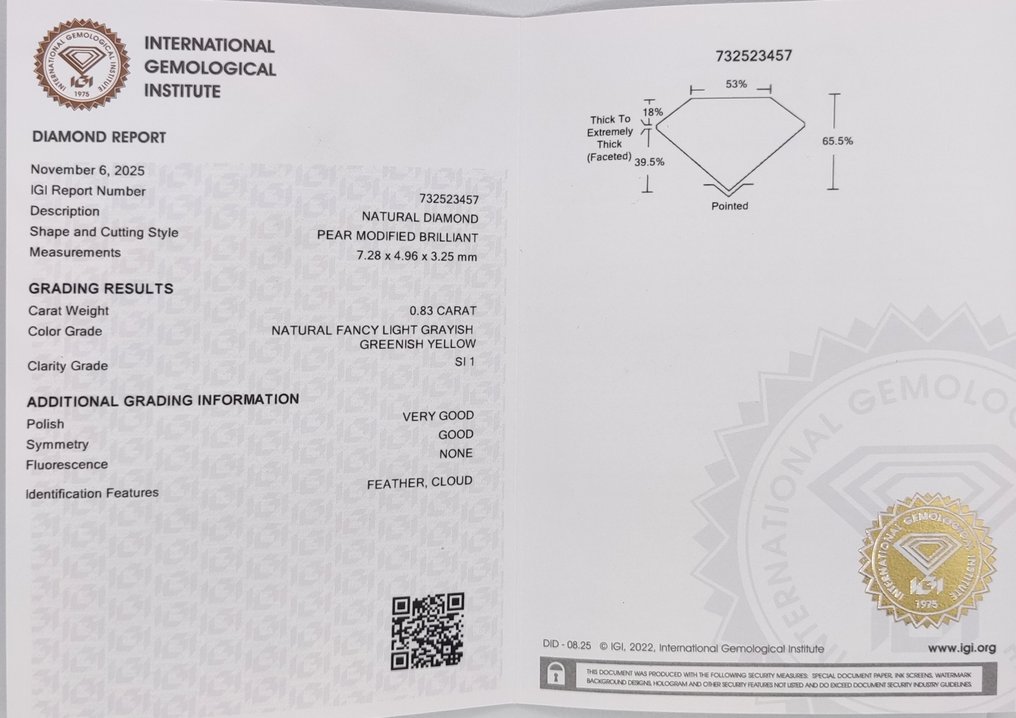 Fără preț de rezervă - 1 pcs Diamant (Colorat natural) - 0.83 ct - Pară - Fancy light Cenușiu, verzui Galben - SI1 - IGI (Institutul gemologic internațional) #4.3