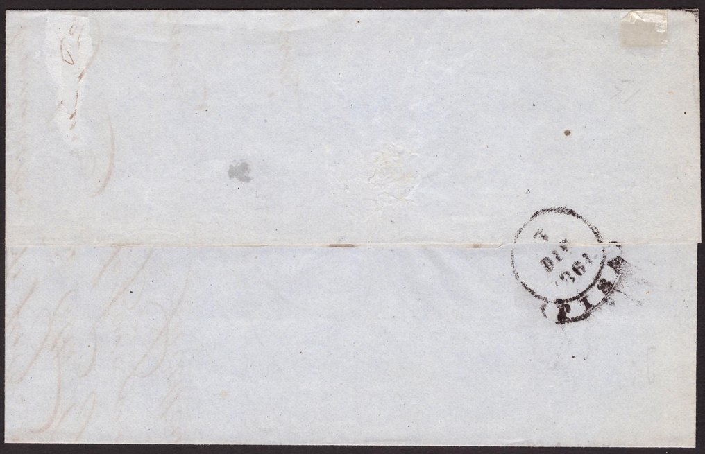 Italian Ancient States - Sardinia 1861 - Dark chocolate brown, first board on letter used in Livorno. - Sassone 14Ce #2.1